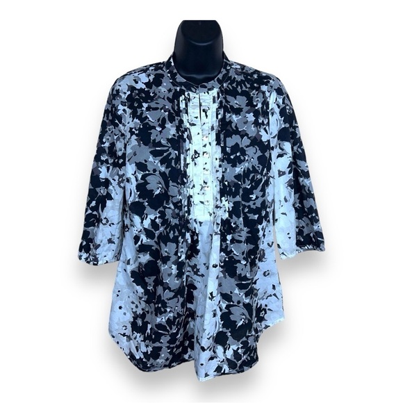 XS LIZ CLAIBORNE BLACK GREY WHITE  FLORAL BLOUSE BEADED 3/4 SLEEVE COTTON - Picture 1 of 10